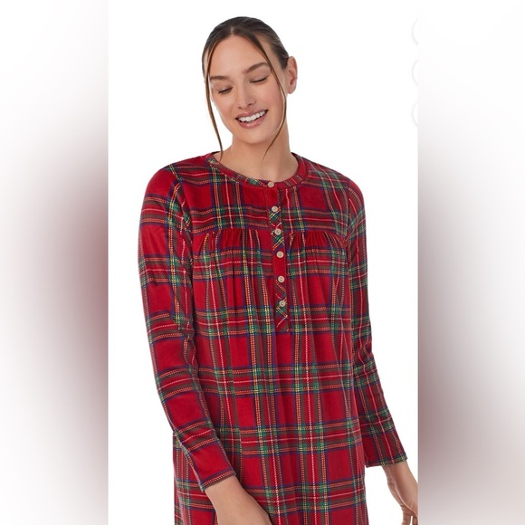 Soft Knit Velour Red Plaid Long Sleeve Flannel Nightgown Medium Christmas - Picture 3 of 7